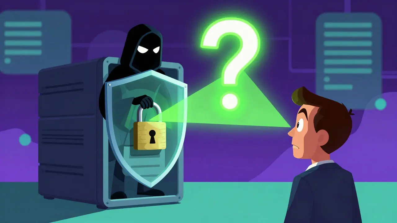 Hooded figure unlocking server with light beam in animated style