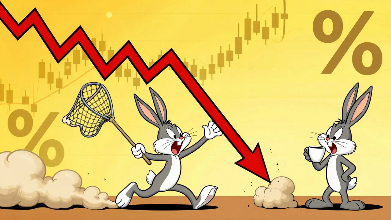 Humorous cartoon showing a volatile stock chart crashing down as a character tries to catch it