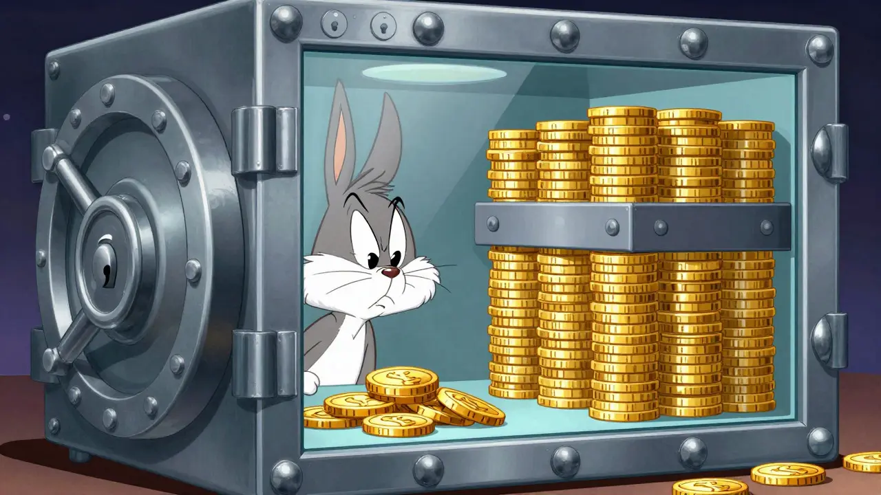 Illustration of a secure vault containing limited circulating coins versus a large locked supply