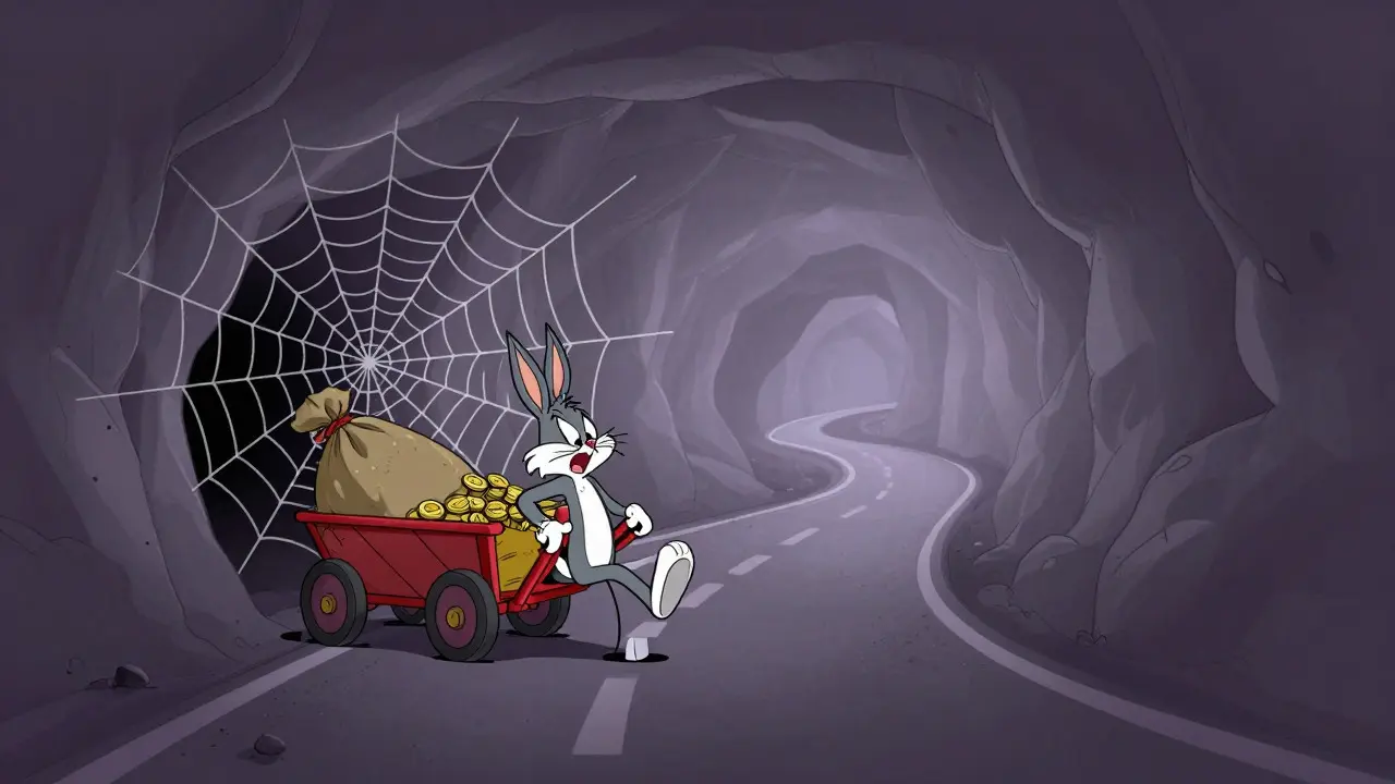 Lonely cartoon cart stuck in a foggy cave with a spider web