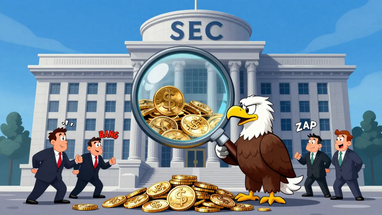 Looney Tunes style eagle inspecting Trump coins with a magnifying glass outside a building