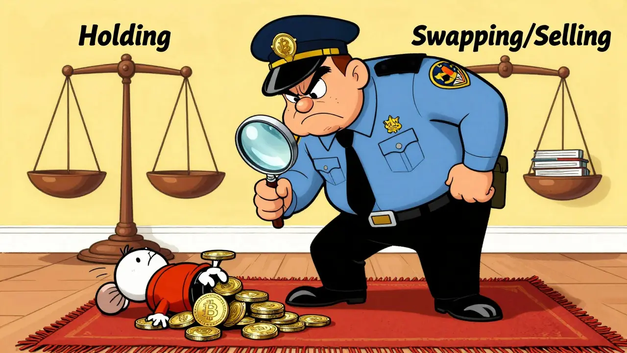 Looney Tunes style illustration of a tax official inspecting hidden crypto assets with a magnifying glass