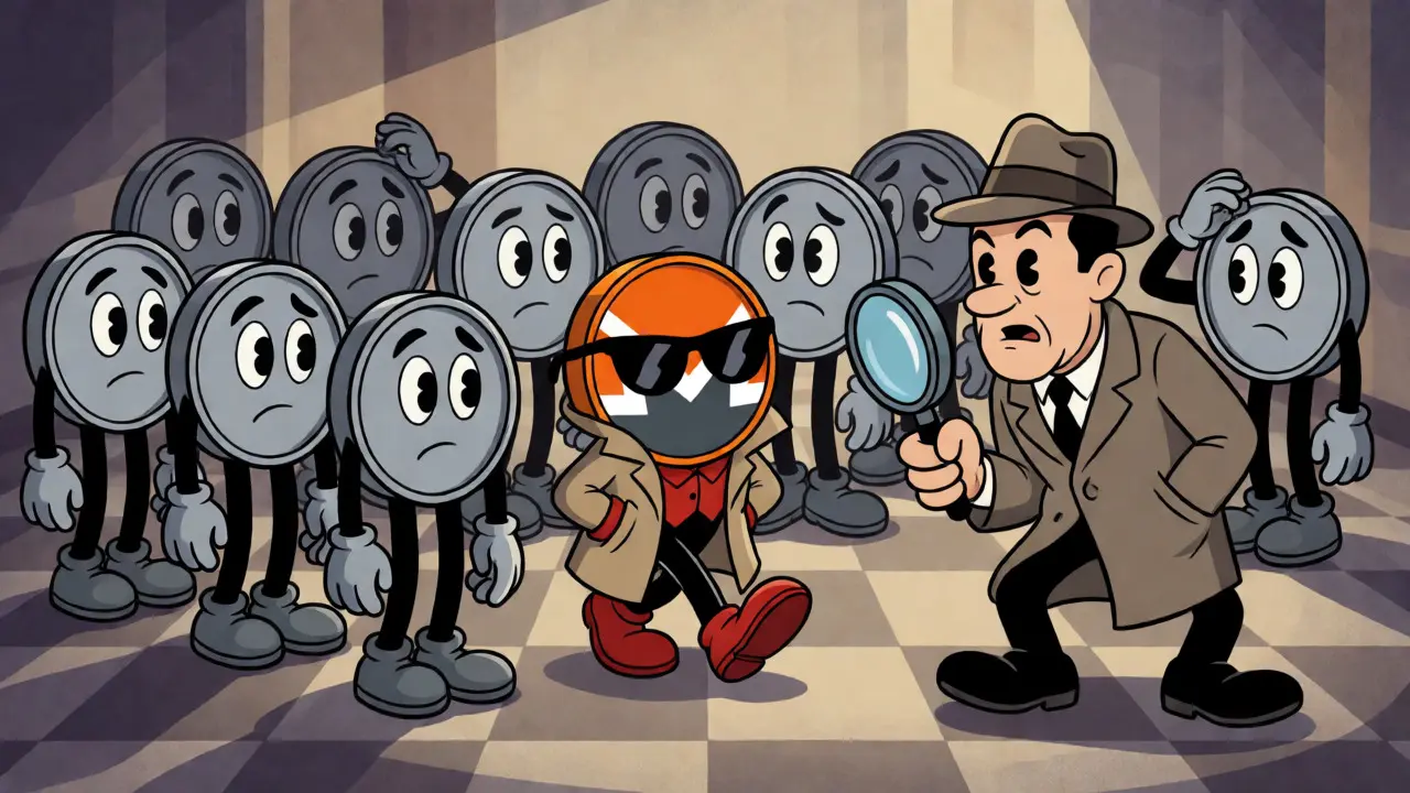 Monero character hiding among identical decoys in a lineup.