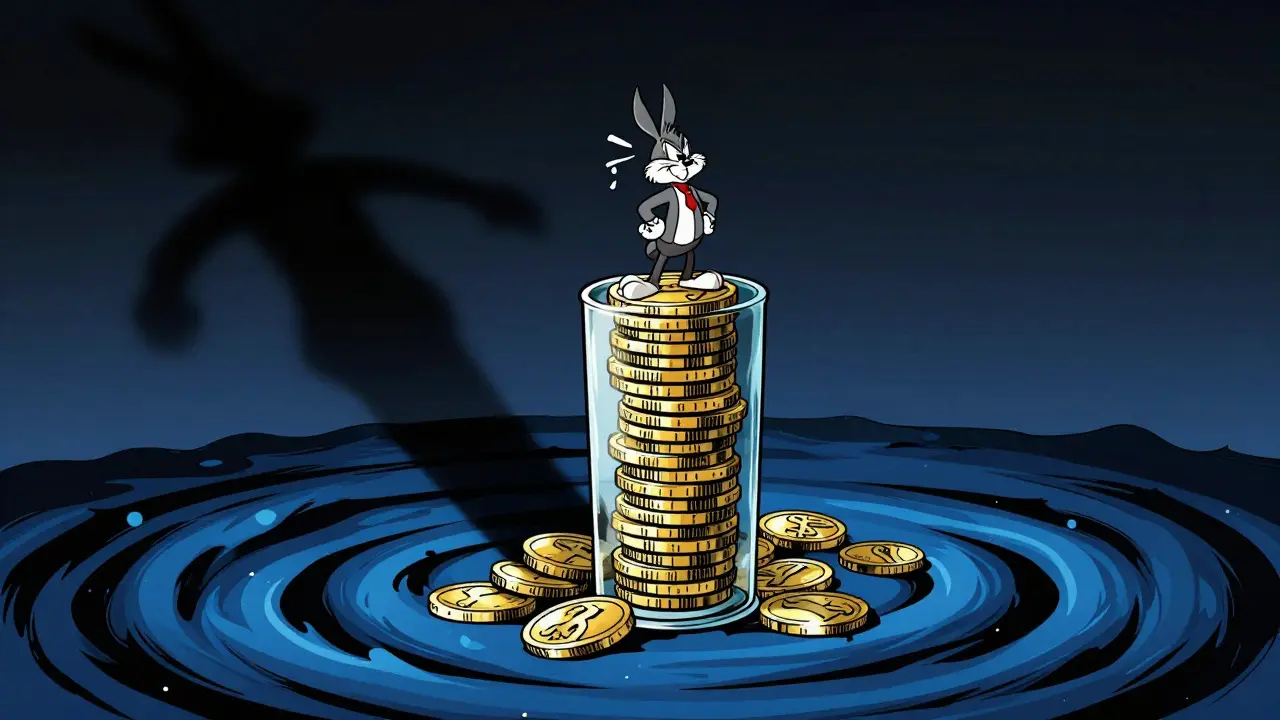 Nervous investor balancing on a coin tower above volatile waters