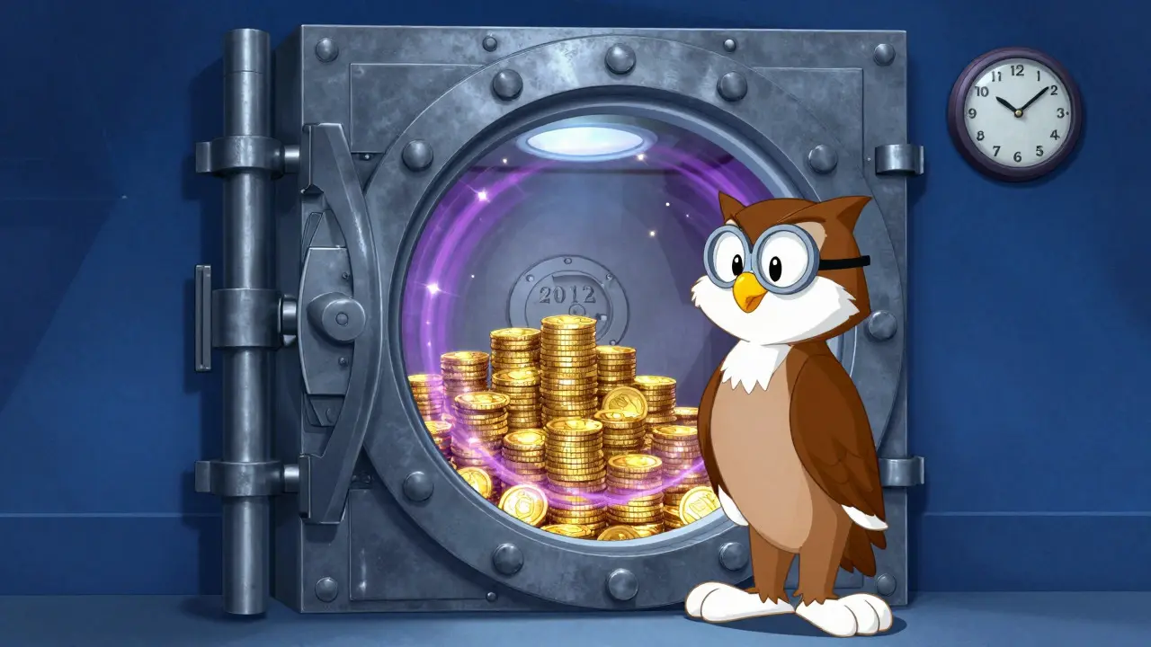 Owl guarding a secure vault full of glowing gold coins