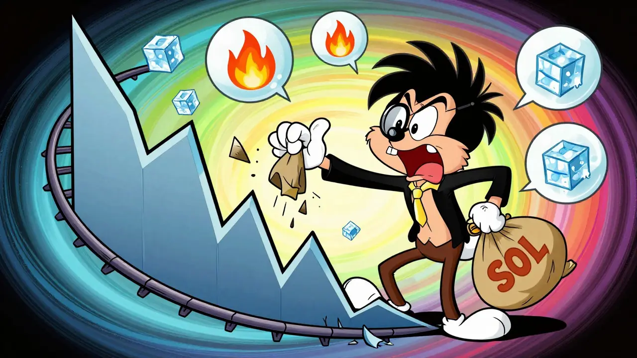 Panicked cartoon trader watching crashing price graph