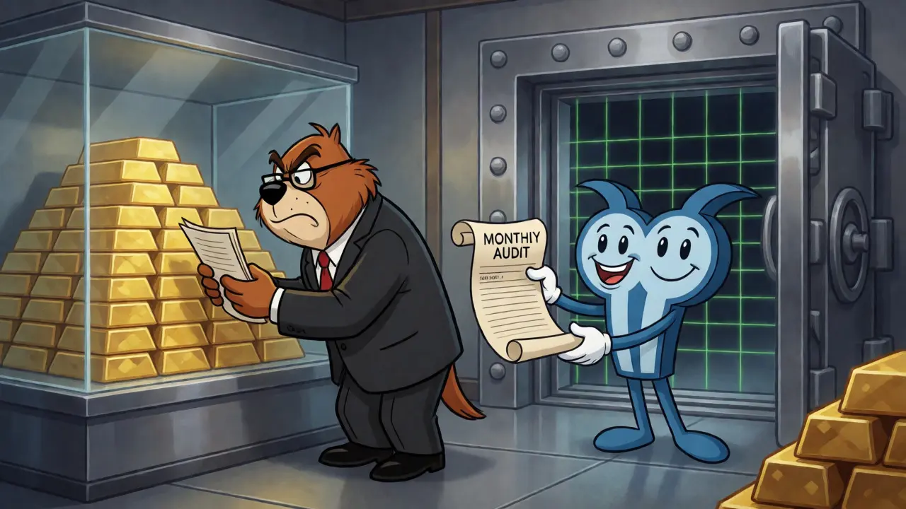 Regulator character auditing gold reserves in a secure vault with Gemini twins