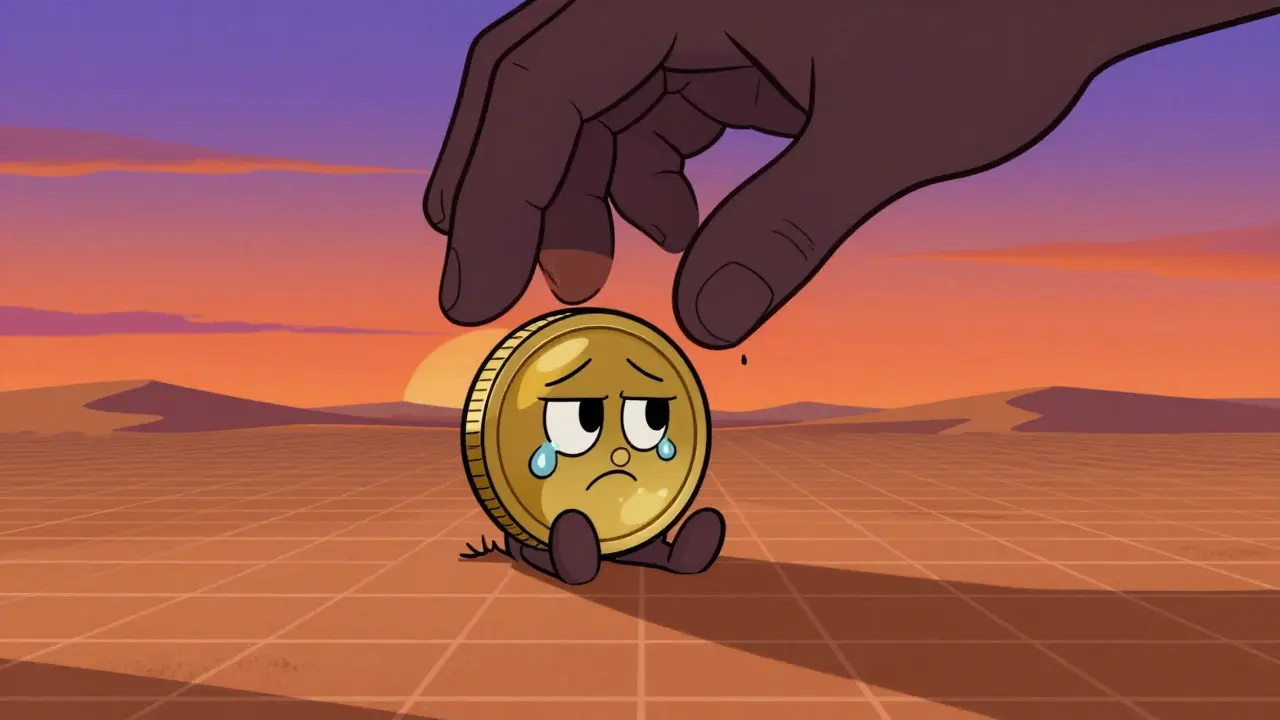 Sad tiny coin on digital desert under shadowy hand