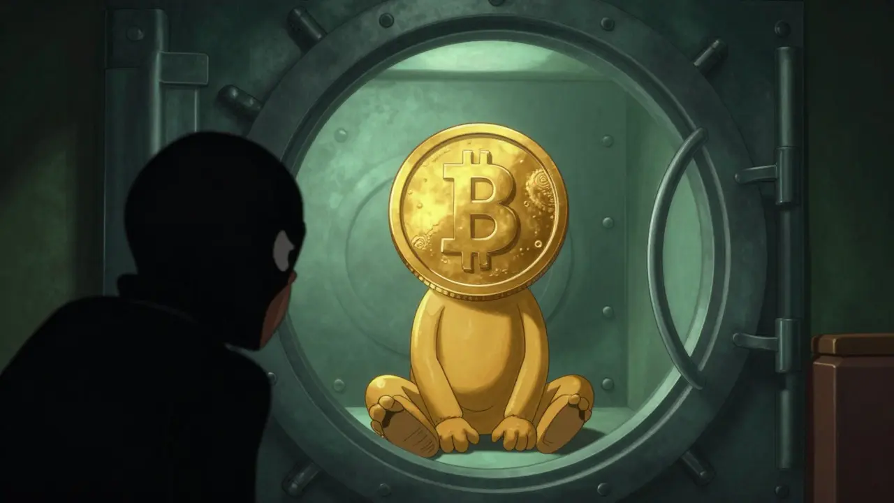 Secure cartoon vault protecting a coin while a shady figure peeks from the corner