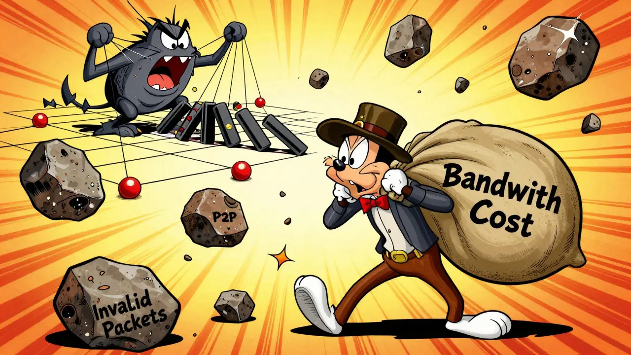 Slapstick cartoon of miner struggling with bandwidth costs and DHT chaos