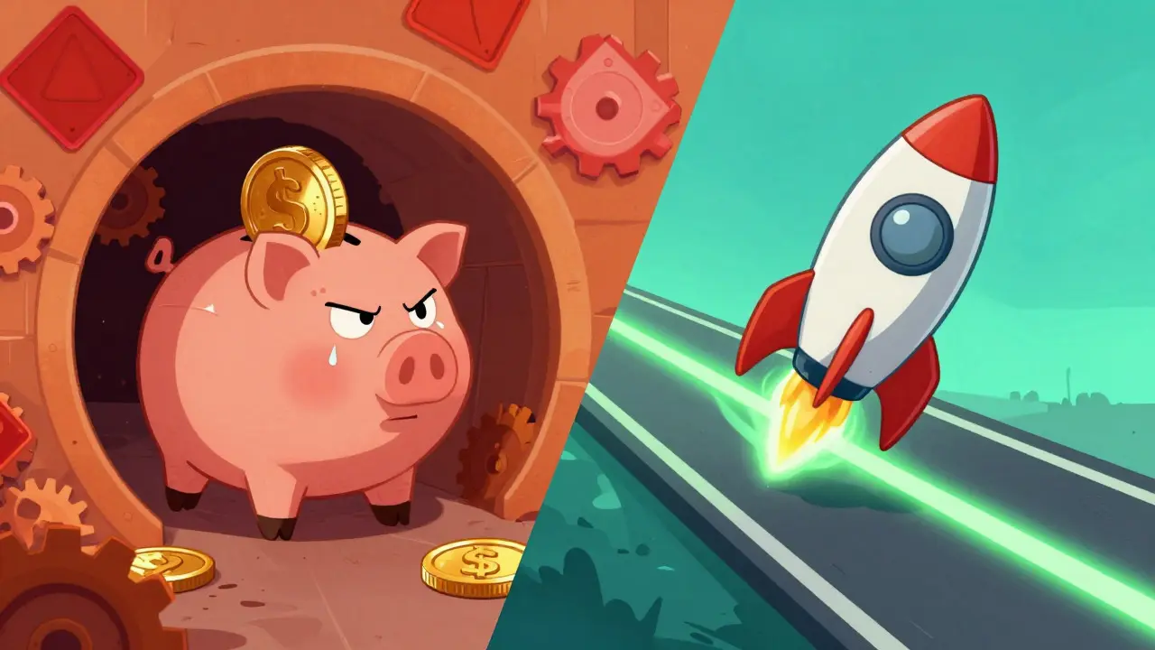 Split scene showing a struggling piggy bank vs a fast rocket coin