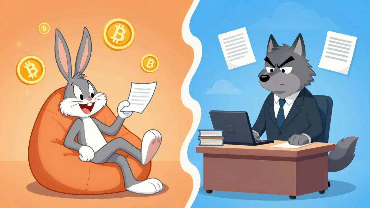 Split scene showing relaxed individual vs stressed corporate crypto investor