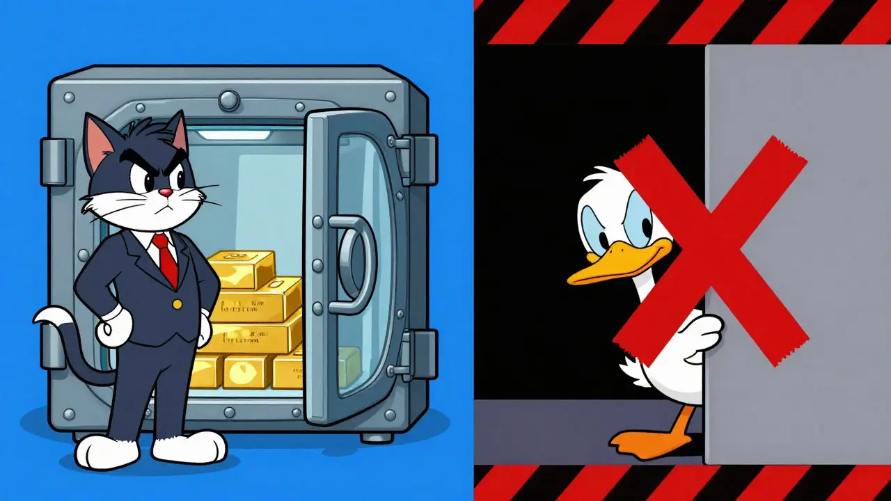 Split view of a safe vault versus a shady wall in cartoon style
