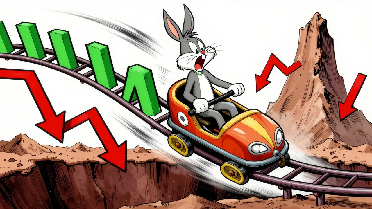 Sugar Boy riding a volatile stock chart rollercoaster in classic cartoon style