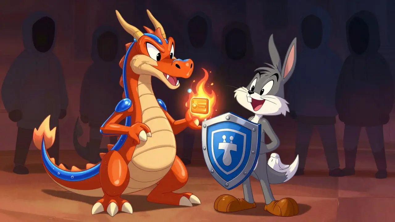 Sugar Boy securing assets with a Tron dragon mascot in animated illustration