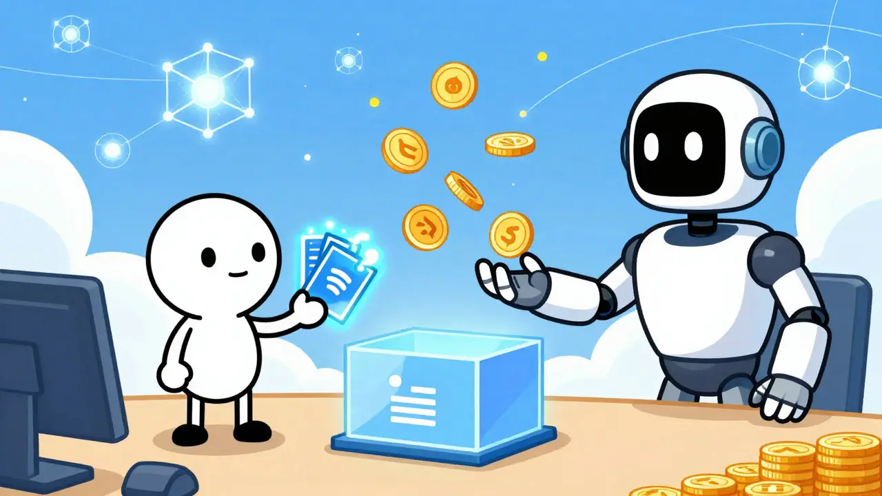 User selling data to a robot buyer via a smart contract in cartoon style