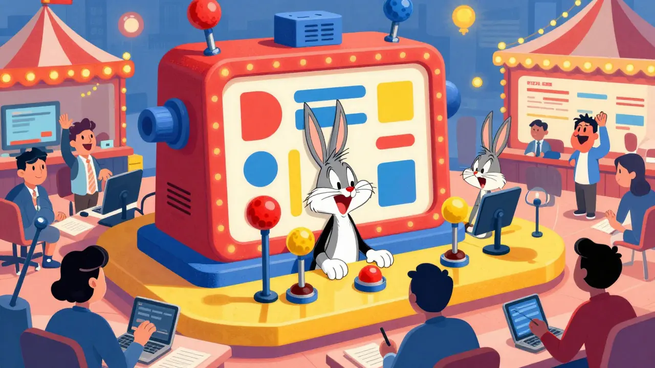 Whimsical cartoon trading floor with animated characters operating a large machine
