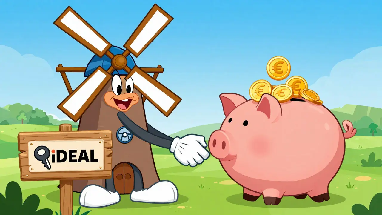 Windmill and piggy bank characters shaking hands in a sunny field