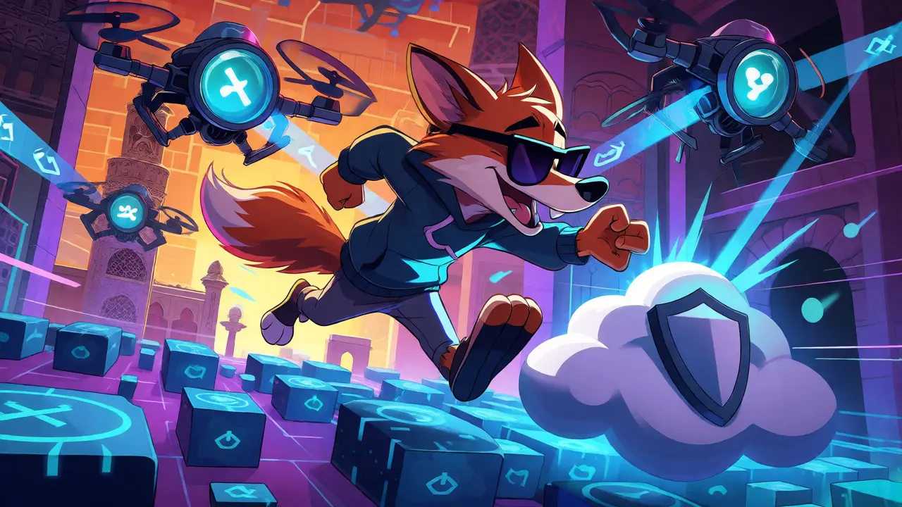 A cartoon fox evading surveillance drones using a privacy shield in a digital world.
