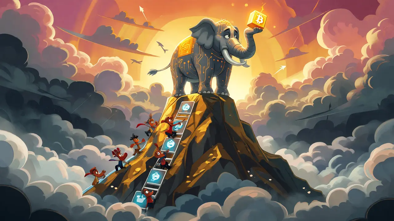 A circuit-patterned elephant stands atop a mountain above storm clouds.