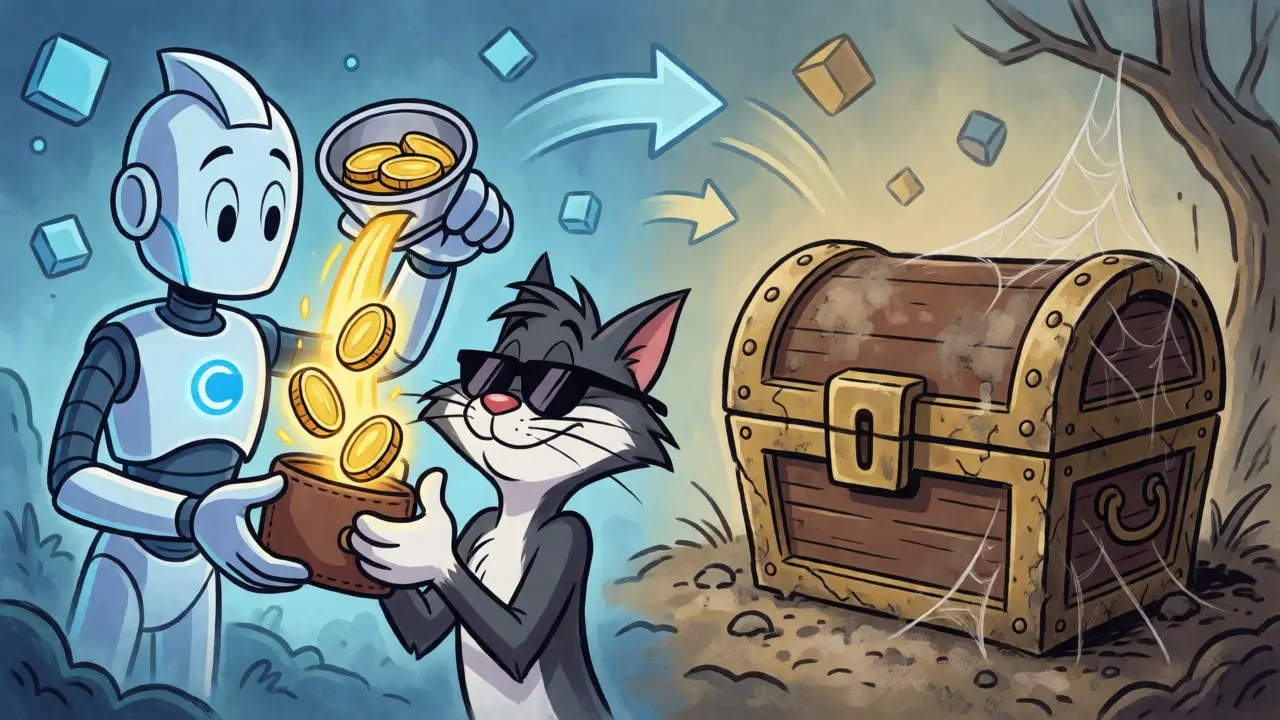 A comparison scene showing a modern reward token feeding a holder versus an old legacy coin chest.