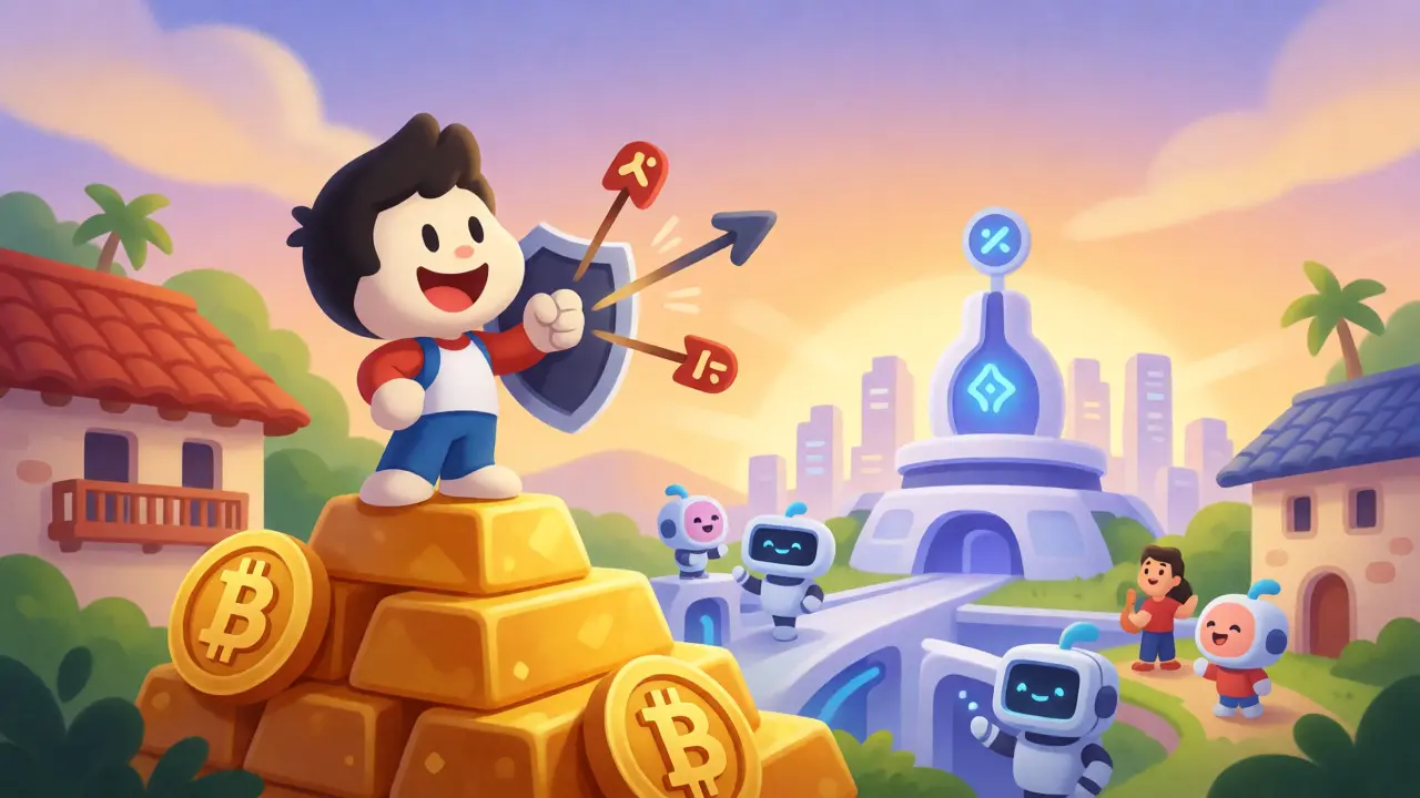 A confident leader stands on Bitcoin reserves overlooking a futuristic city.