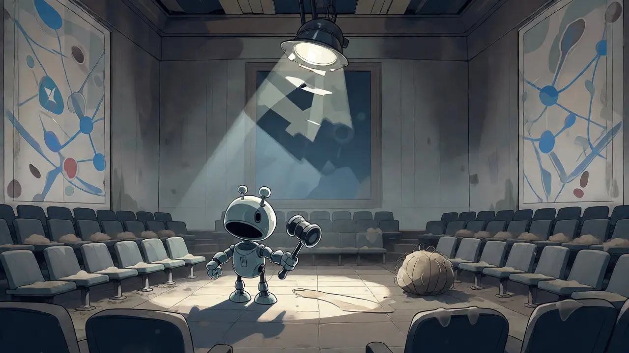 A lonely robot stands in a dusty, empty auditorium with no audience, symbolizing lack of community.