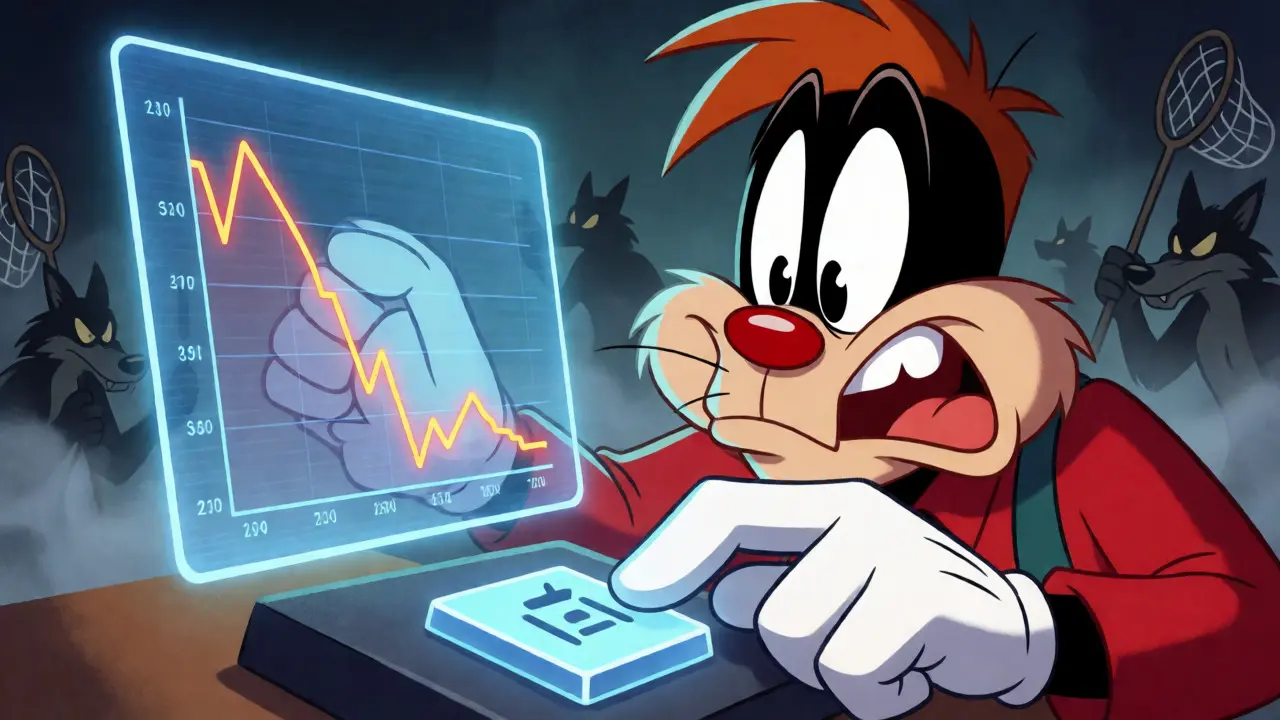 A nervous cartoon trader watches a volatile price graph while shadowy risk figures lurk nearby.