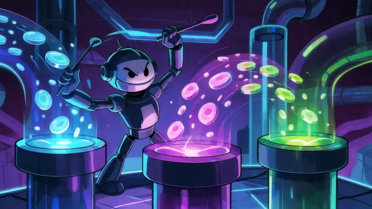 A robot conductor splitting crypto trades across multiple liquidity pools in a vibrant cartoon factory.