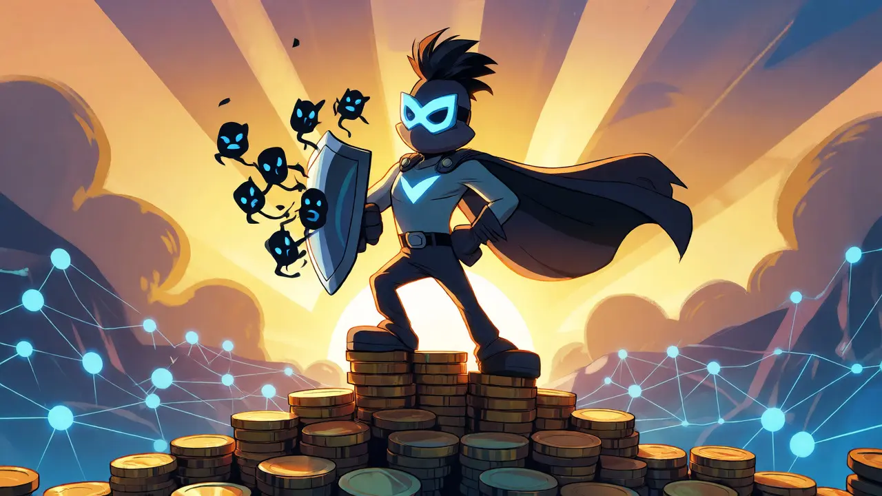 A superhero 1inch character defending against MEV bots while standing on a pile of coins at sunrise.