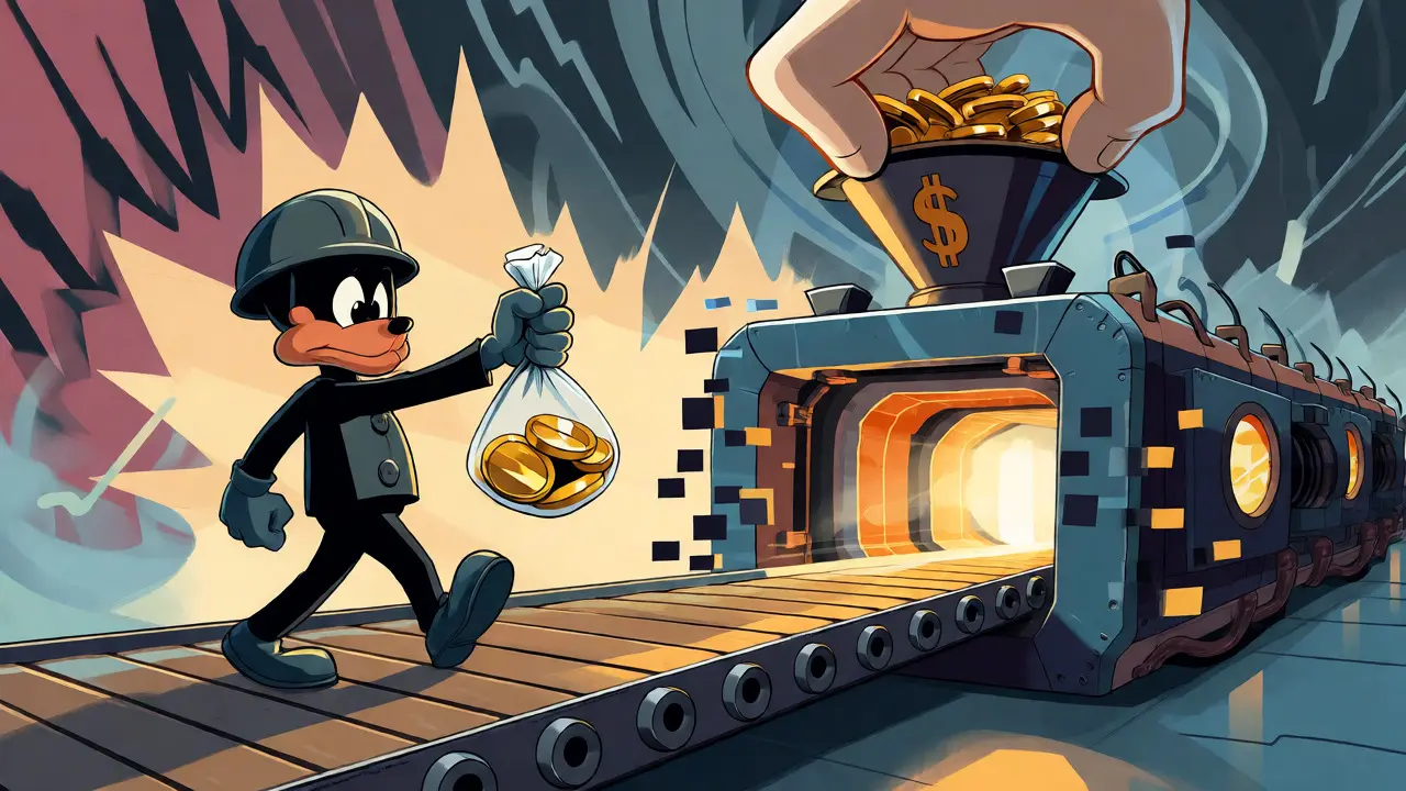 An investor cautiously feeding coins into a glitchy trading machine