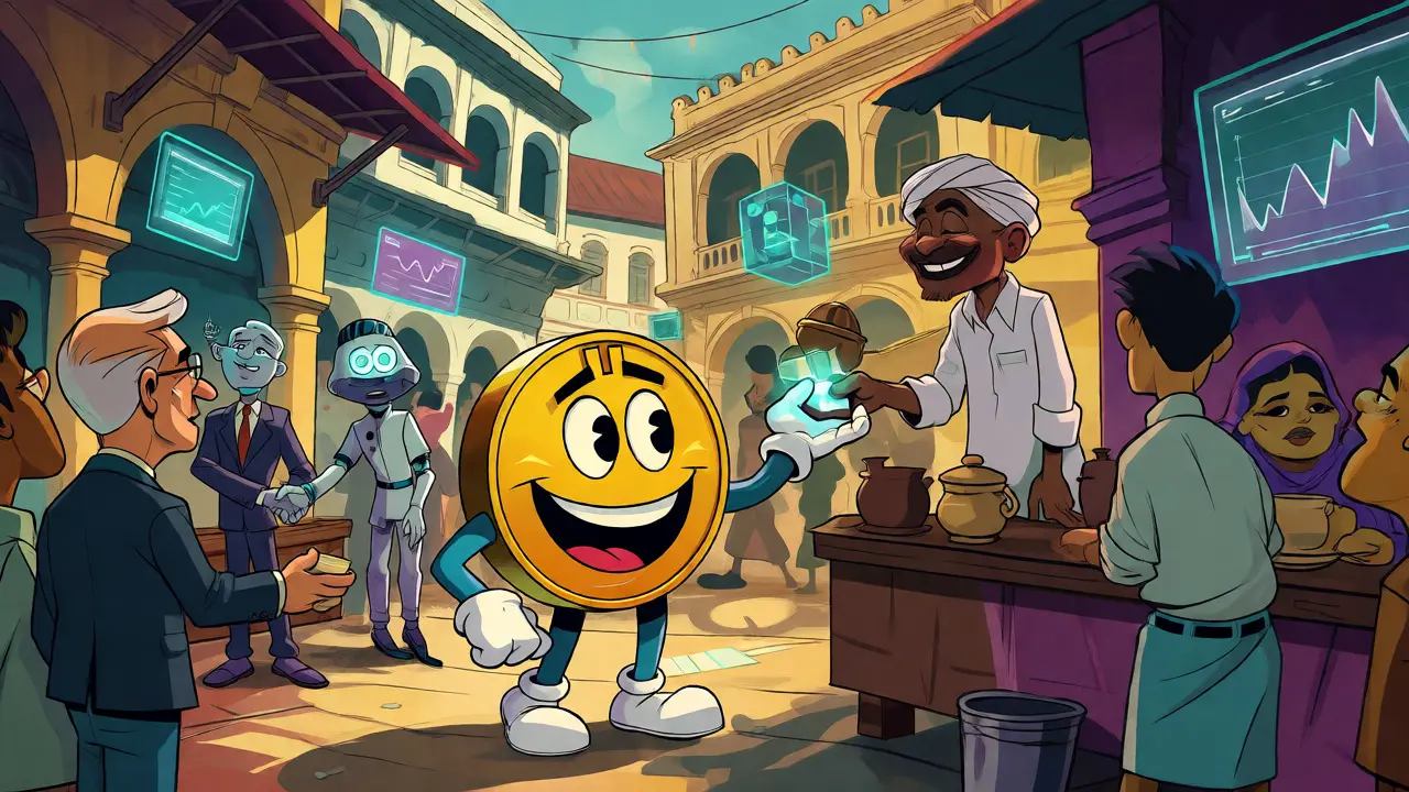 Anthropomorphic Bitcoin interacts with people in a busy tech-infused market.