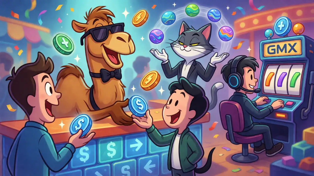 Anthropomorphic camel and cat characters facilitating token swaps in a colorful DeFi marketplace