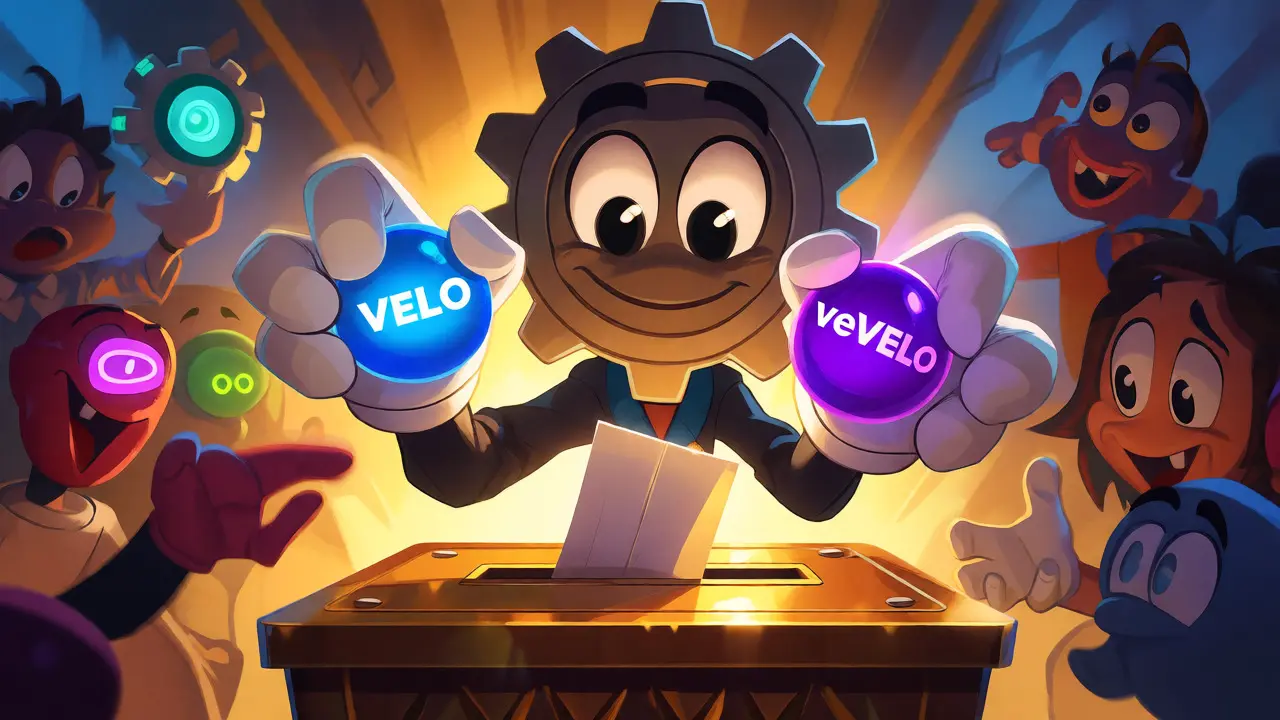 Anthropomorphic gear voting with VELO tokens in a ballot box