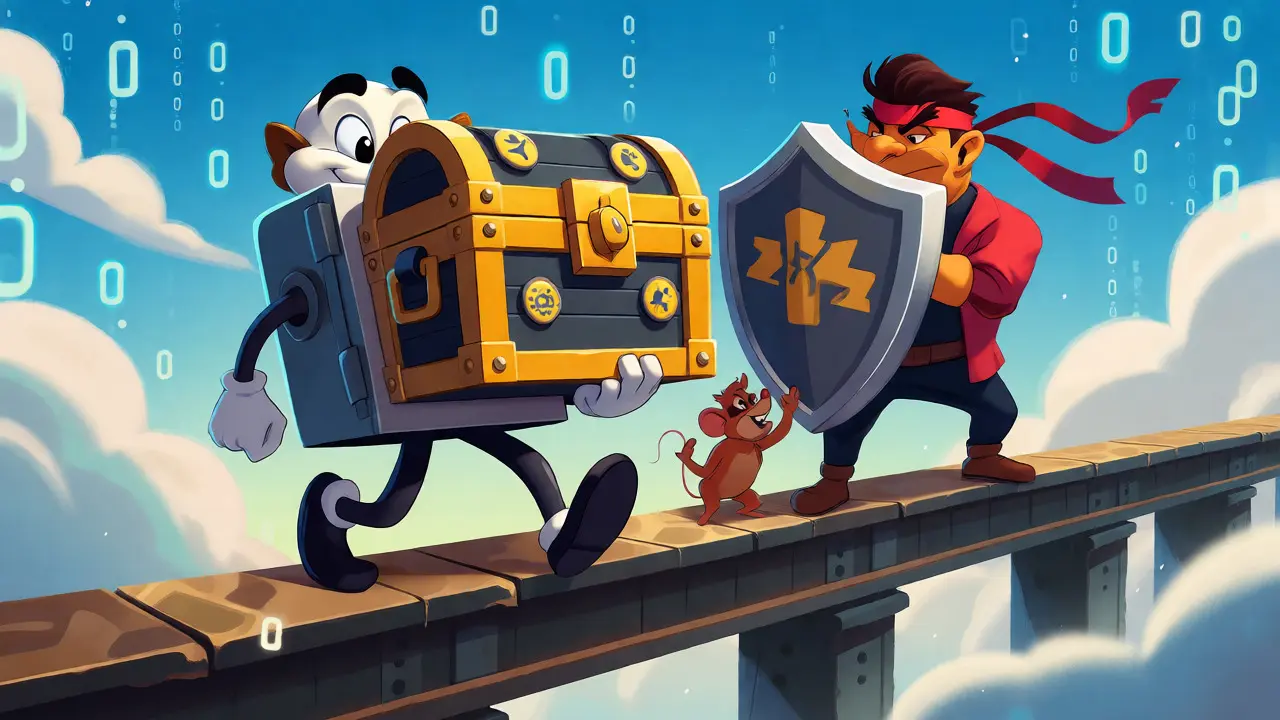 Anthropomorphic safe protecting treasure from a hacker mouse