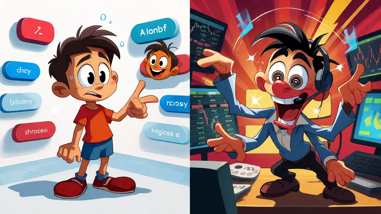 Beginner vs pro trader using different NFT platforms in Looney Tunes style.
