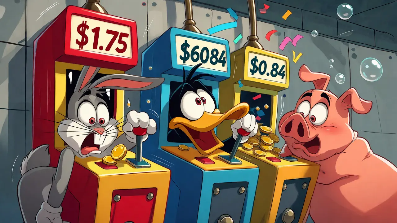 Cartoon animals operate arcade machines producing conflicting coin values and empty air bubbles.