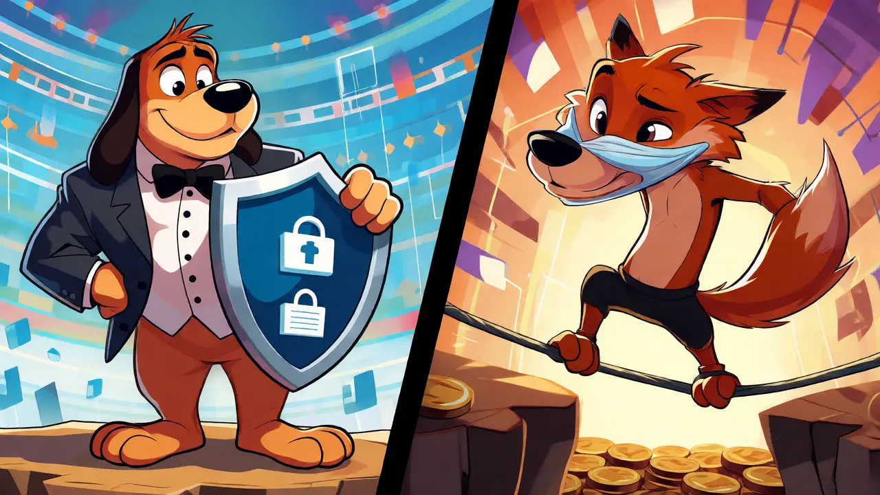 Cartoon comparison of legitimate vs fake crypto exchanges