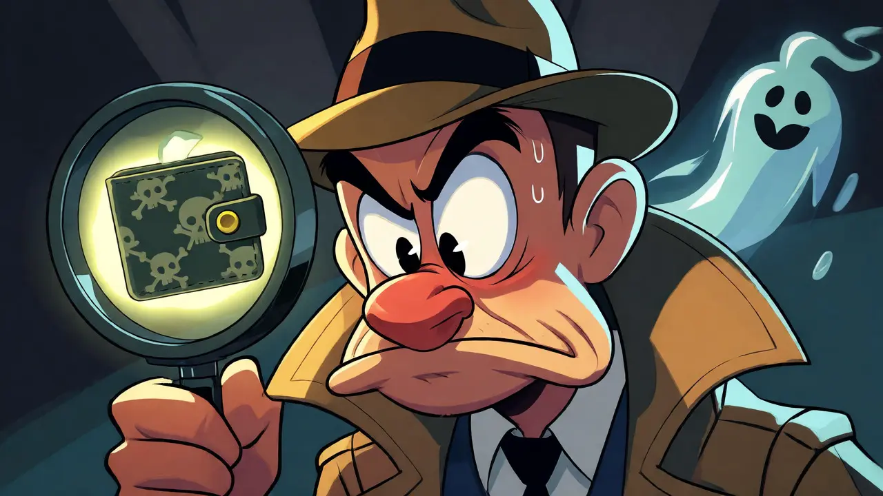 Cartoon detective examining a suspicious wallet icon with a ghostly token nearby.