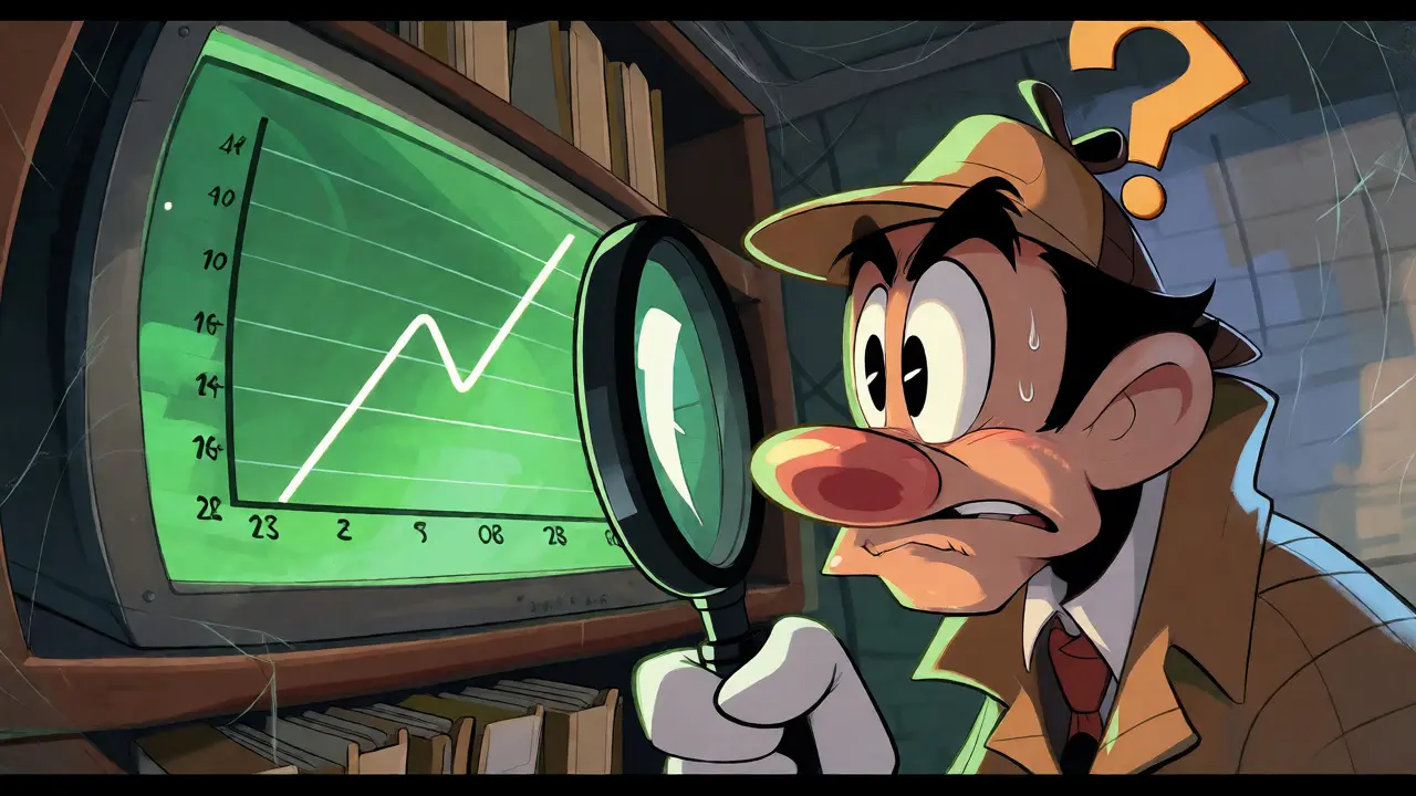 Cartoon detective examining flat zero-volume graph with confusion