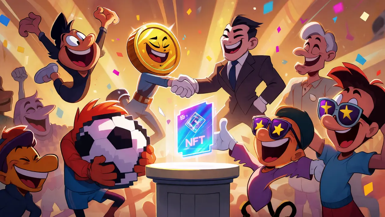 Cartoon fans celebrating winning TopGoal NFTs