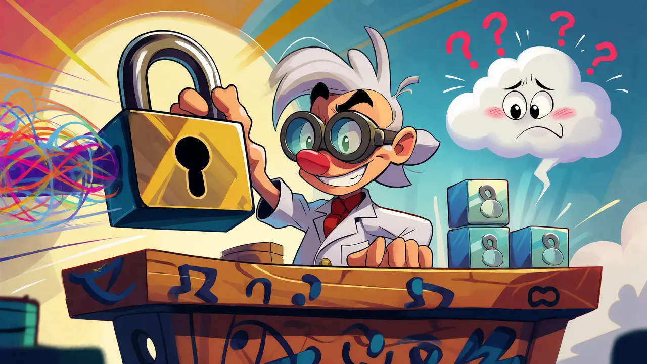 Cartoon inventor encrypting data into secure cubes while a cloud looks on