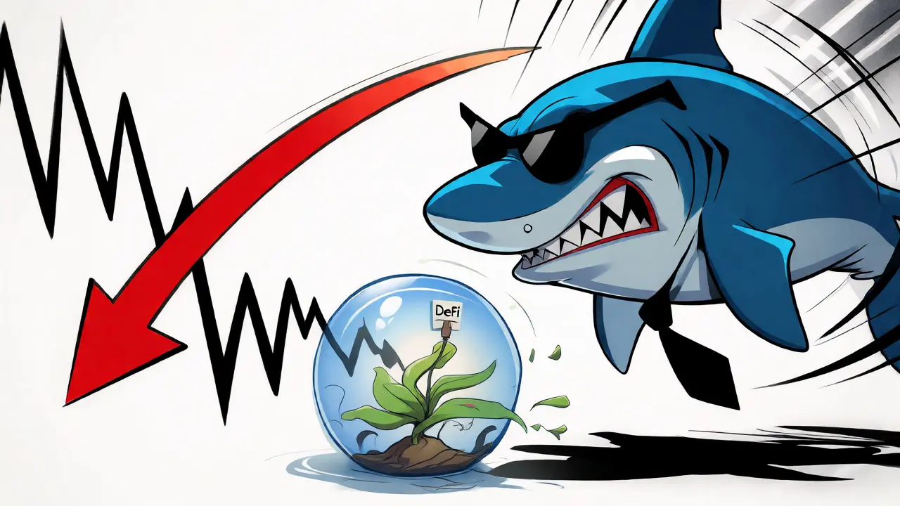 Cartoon shark looming over a fragile DeFi plant above a crashing price chart.
