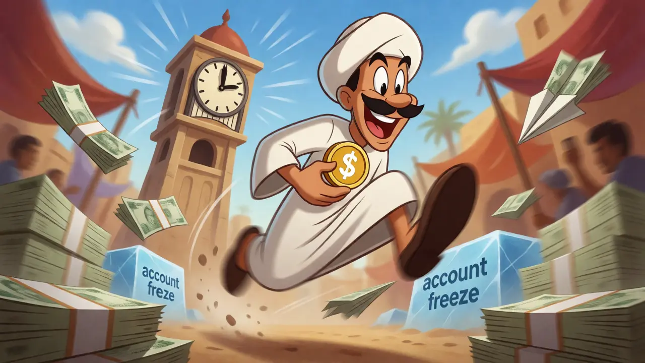 Cartoon trader dodging financial hazards while holding stablecoins