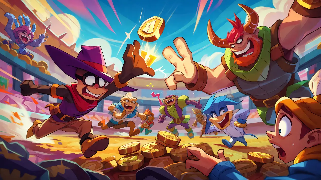 Comedic fantasy characters battling in an arena with flying tokens