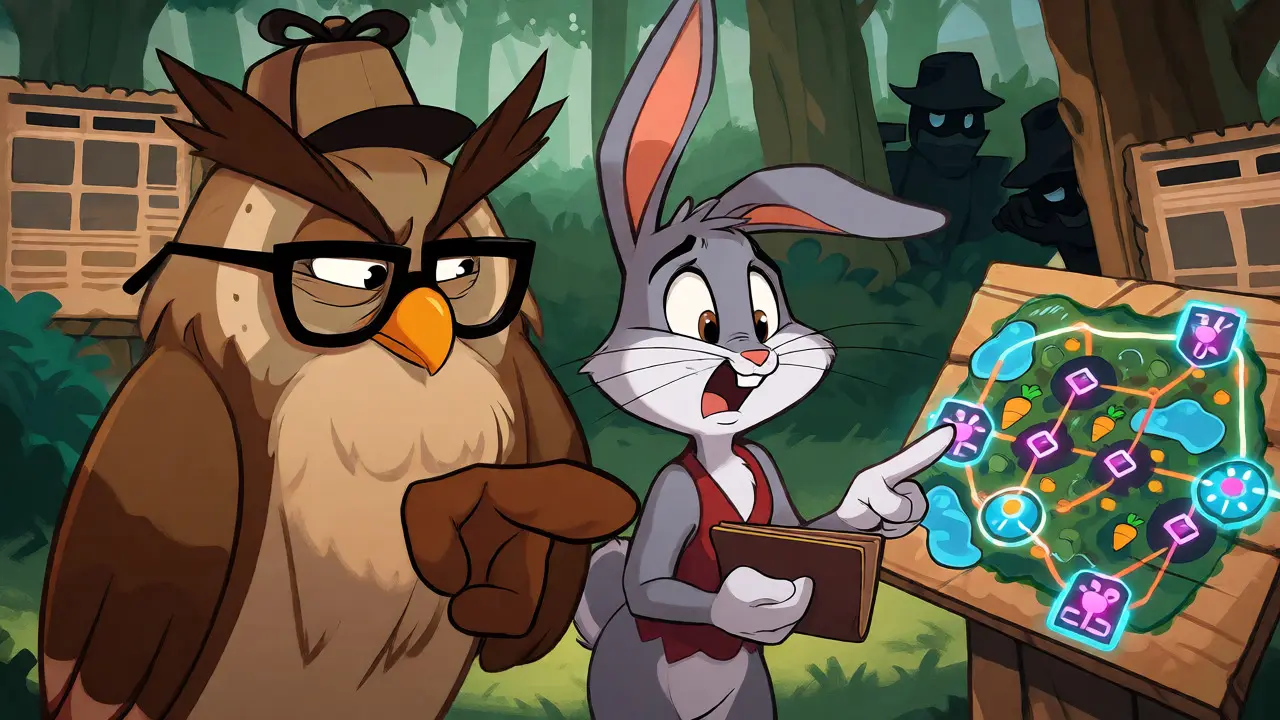 Detective owl and nervous rabbit analyzing the BSC AMP platform risks and opportunities.