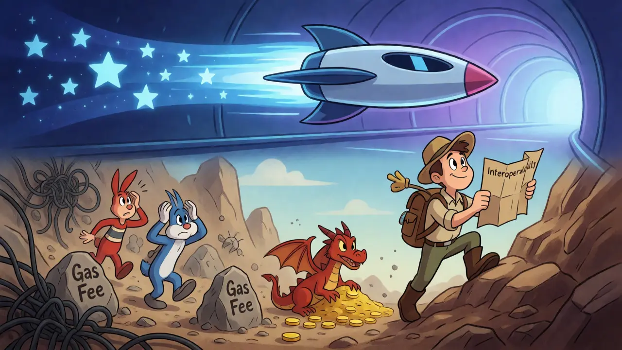 Explorer climbing from a messy crypto landscape toward a smooth, futuristic digital tunnel.