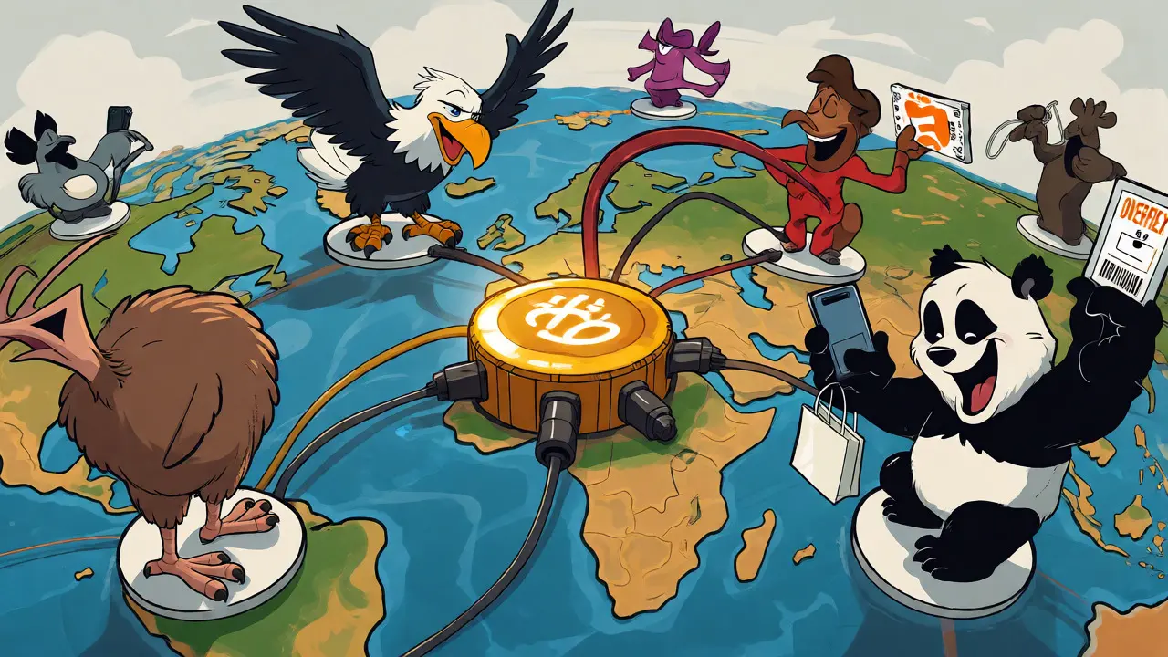 Global cartoon animals connecting to a central blockchain hub via elastic bands.