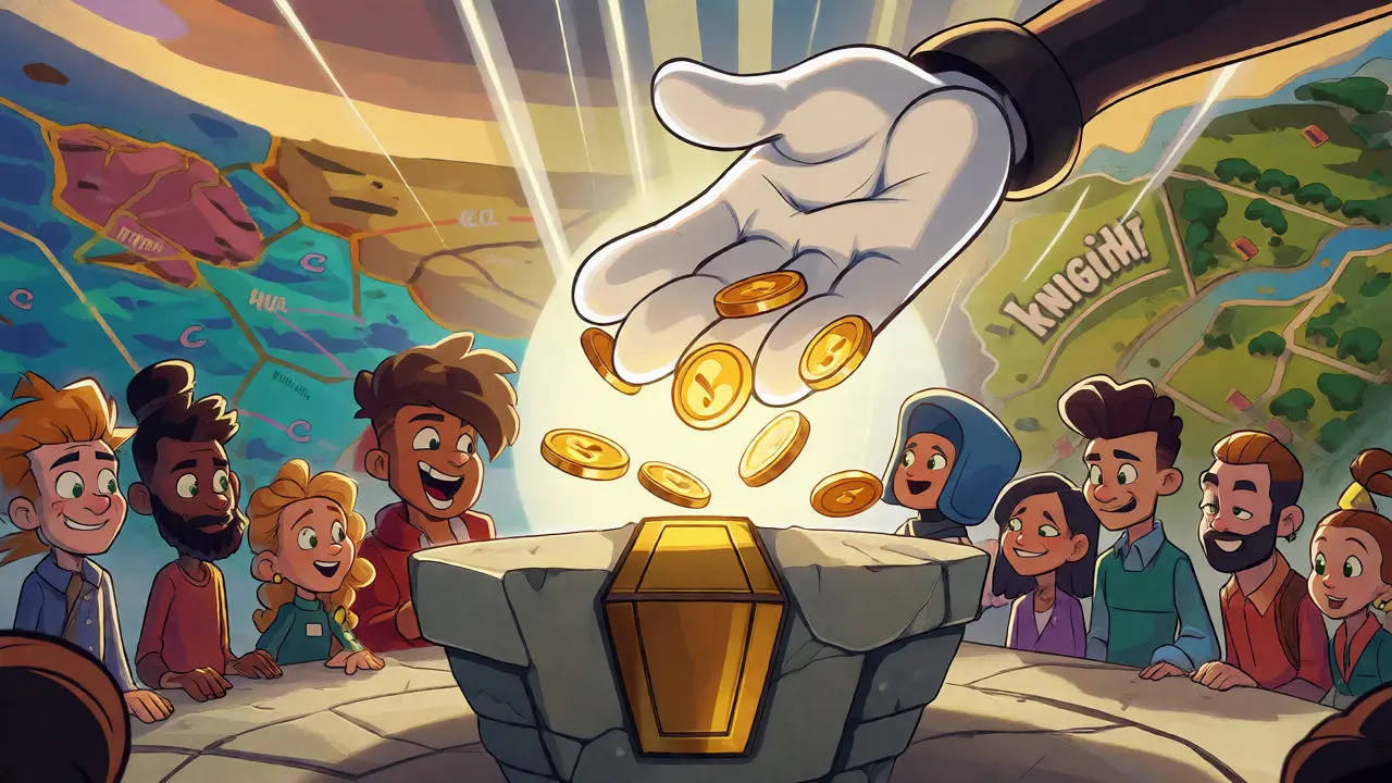 Group of cartoon avatars receiving tokens under a giant hand