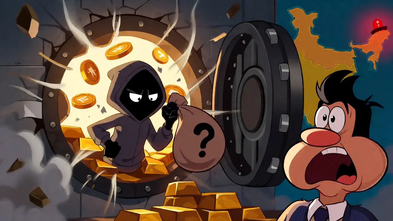 Hacker stealing coins from a broken vault in a Looney Tunes scene